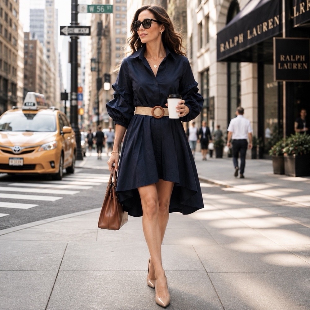 Gracia Navy High Low Shirt Dress S • Ruched Puff Statement Sleeves Quiet Luxury